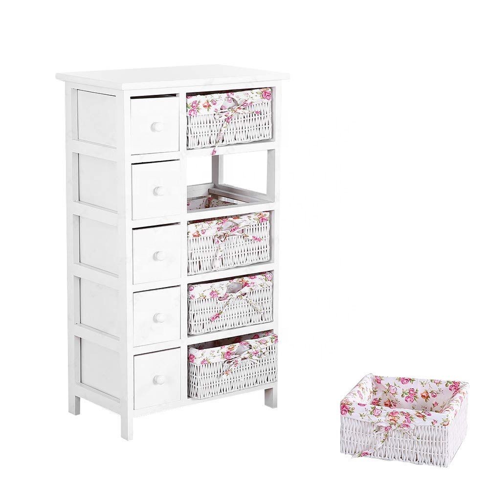 Chest of Drawers White Wooden Bedside Cabinet with Storage Wicker Baskets