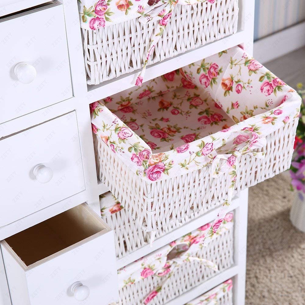 Chest of Drawers White Wooden Bedside Cabinet with Storage Wicker Baskets