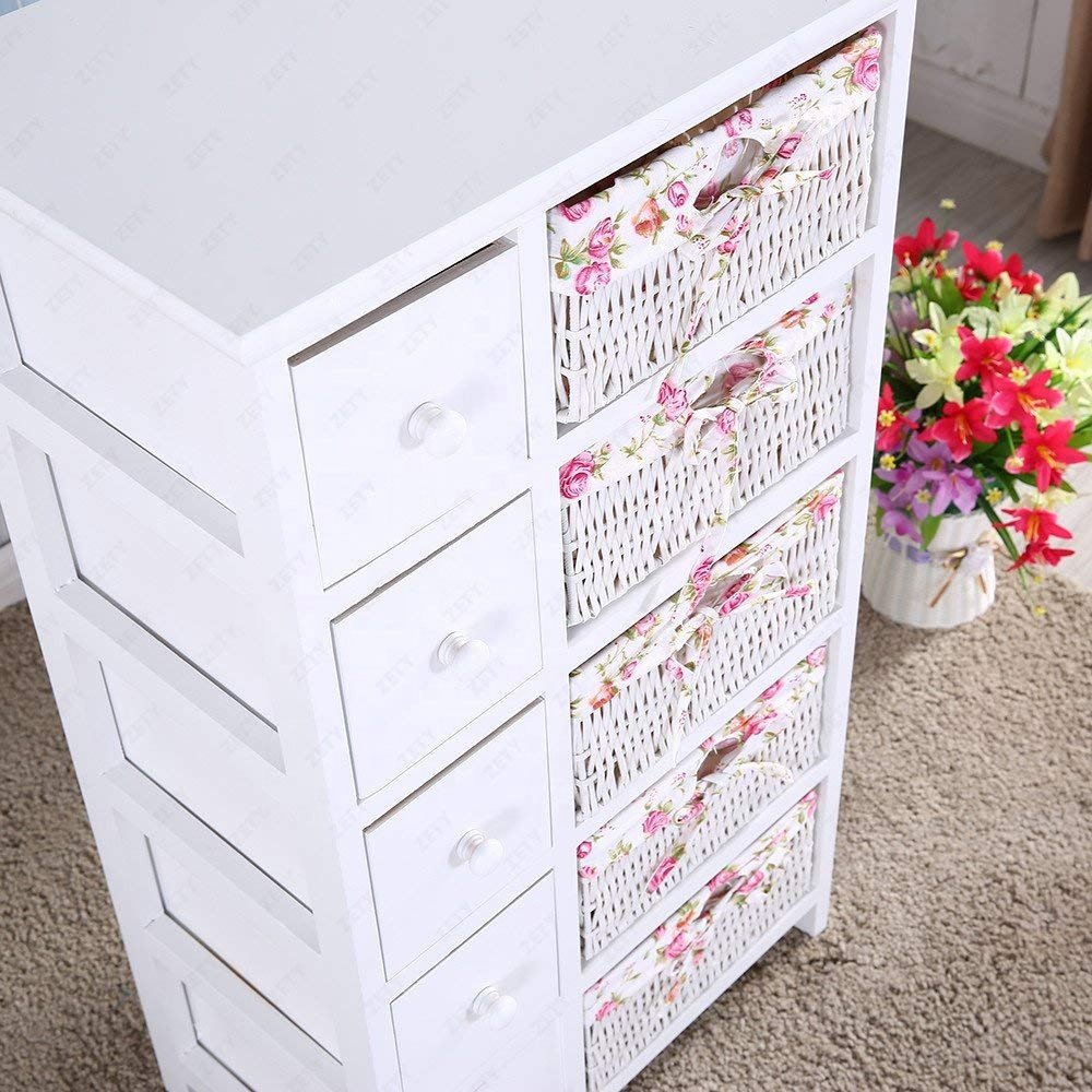 Chest of Drawers White Wooden Bedside Cabinet with Storage Wicker Baskets