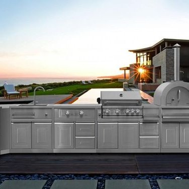 Luxury Modern Modular Prefab Built In Portable BBQ Outdoor Kitchen Cabinet Set With Grill and Fridge Under Pergola