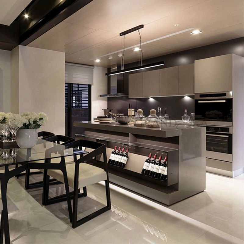 Contemporary Curved Shaped Ready to Assemble Lacquer Kitchen Cabinets with Island