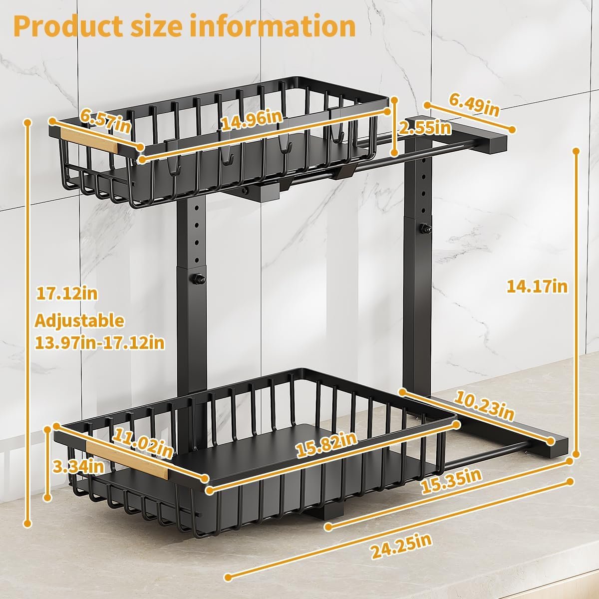 Pull Out Cabinet Organizer with Sliding Drawer 2 Tier Multi-purpose Bathroom Shelf Organizer Black for Kitchen Bathroom Storage