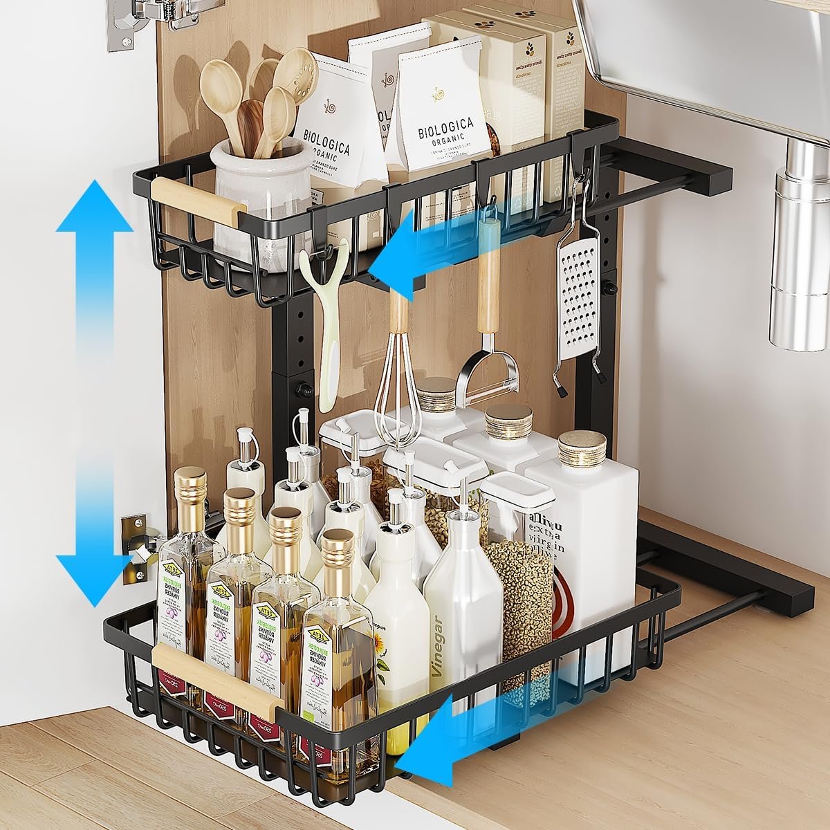 Pull Out Cabinet Organizer with Sliding Drawer 2 Tier Multi-purpose Bathroom Shelf Organizer Black for Kitchen Bathroom Storage