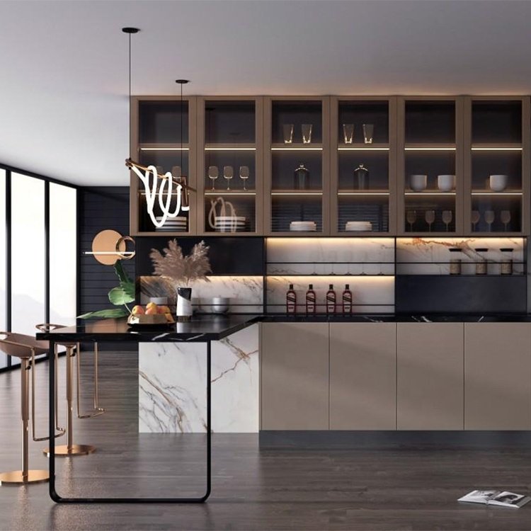 Hotel Project Luxury Kitchen Design Glass Door Kitchen Cabinet with Island Set