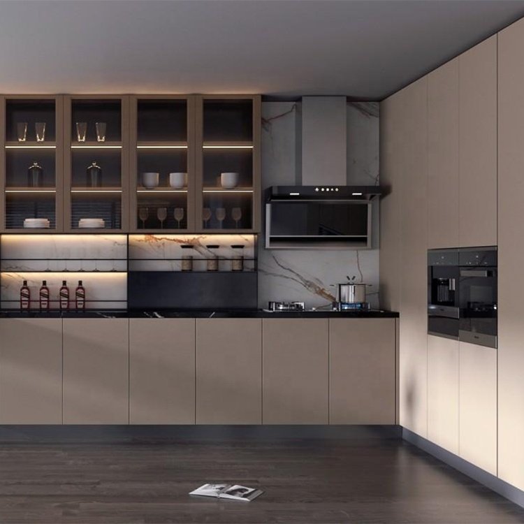 Hotel Project Luxury Kitchen Design Glass Door Kitchen Cabinet with Island Set