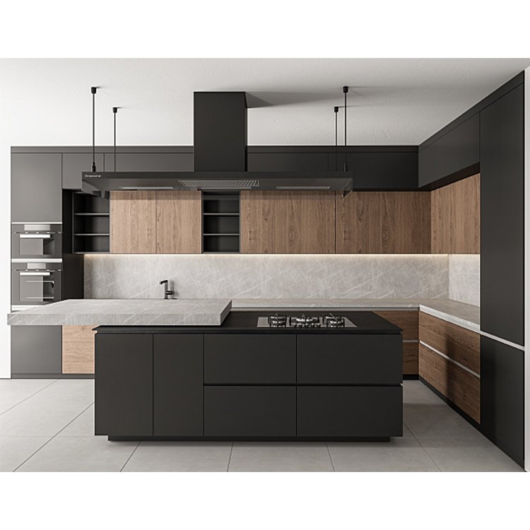 Custom wooden cupboard cabinetry interior design imported modern lacquer black matt finish wood kitchen cabinets for home hotel