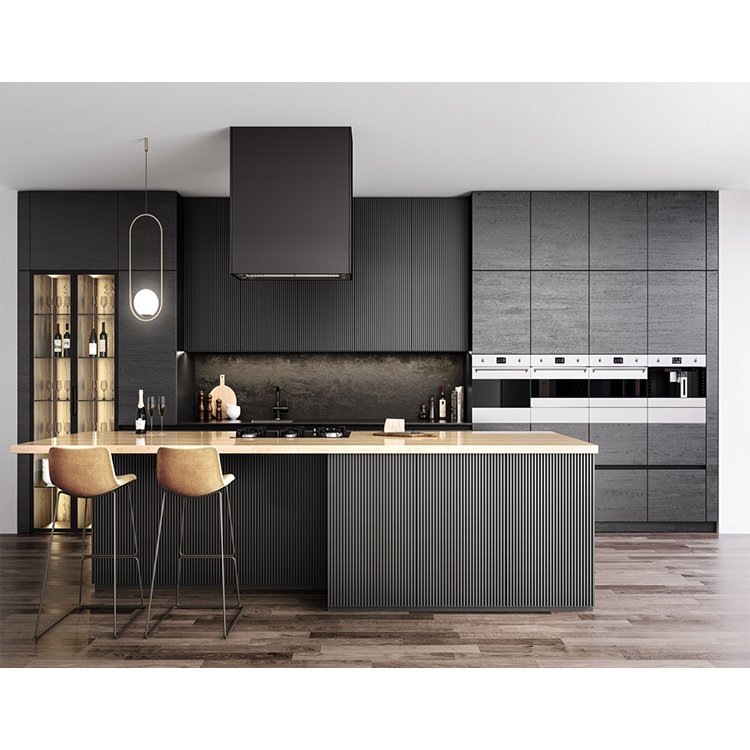 Custom wooden cupboard cabinetry interior design imported modern lacquer black matt finish wood kitchen cabinets for home hotel