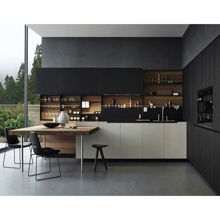 Custom wooden cupboard cabinetry interior design imported modern lacquer black matt finish wood kitchen cabinets for home hotel