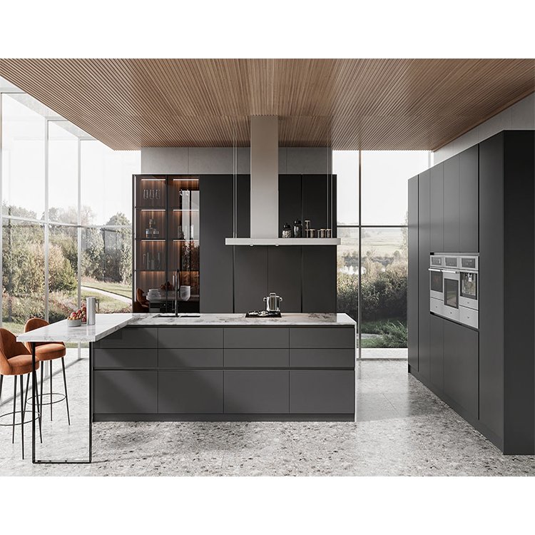 Custom wooden cupboard cabinetry interior design imported modern lacquer black matt finish wood kitchen cabinets for home hotel