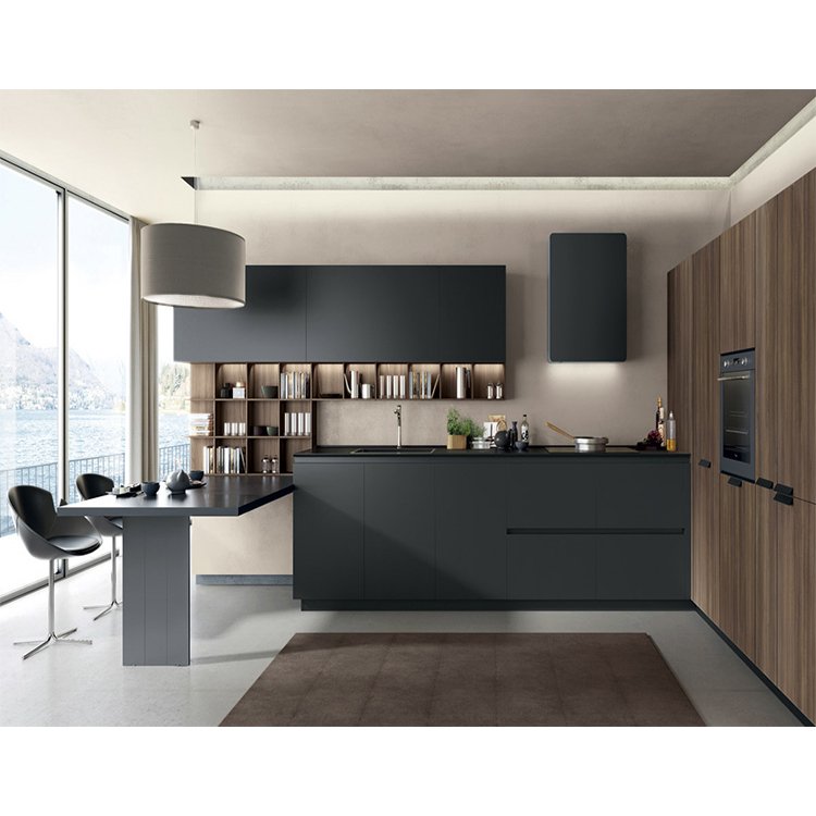 Custom wooden cupboard cabinetry interior design imported modern lacquer black matt finish wood kitchen cabinets for home hotel
