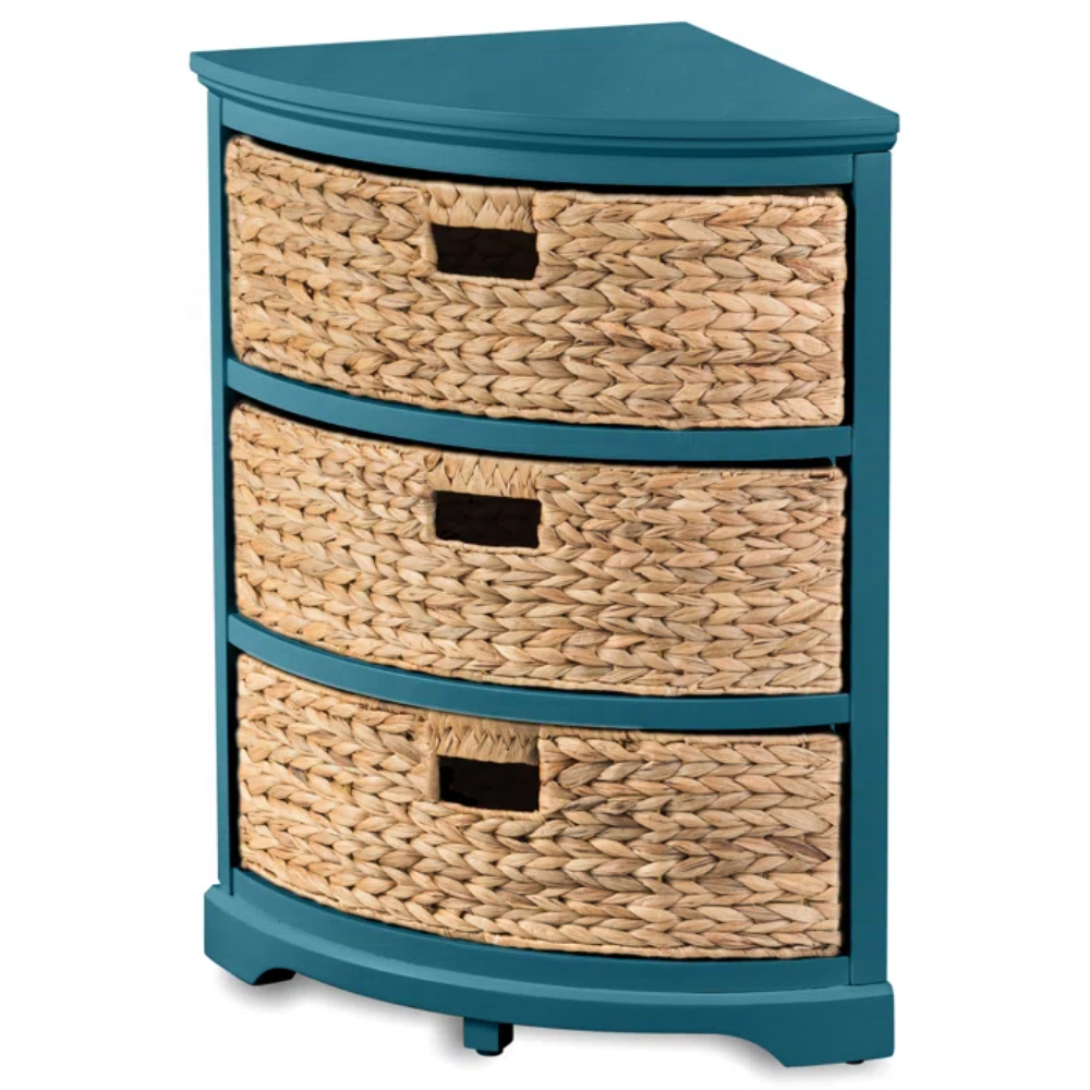 Wholesale Solid Wood 3 Drawer Corner Accent Chest with Water hyacinth Basket Room Furniture from Vietnam