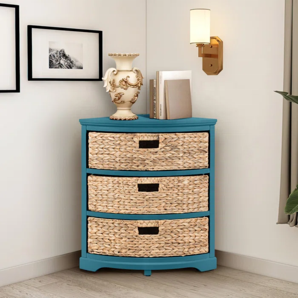 Wholesale Solid Wood 3 Drawer Corner Accent Chest with Water hyacinth Basket Room Furniture from Vietnam