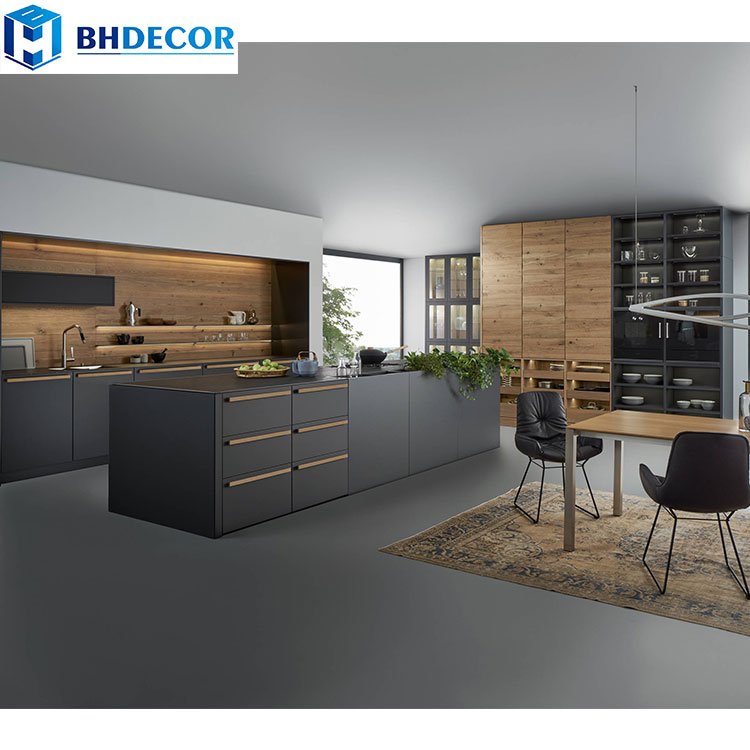 Custom Design Simplest Water Proof Walnut Natural Wood Grain Color Birch Plywood Laminates Modern Kitchen Cabinets With Island