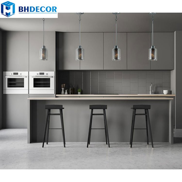 Custom Design Simplest Water Proof Walnut Natural Wood Grain Color Birch Plywood Laminates Modern Kitchen Cabinets With Island