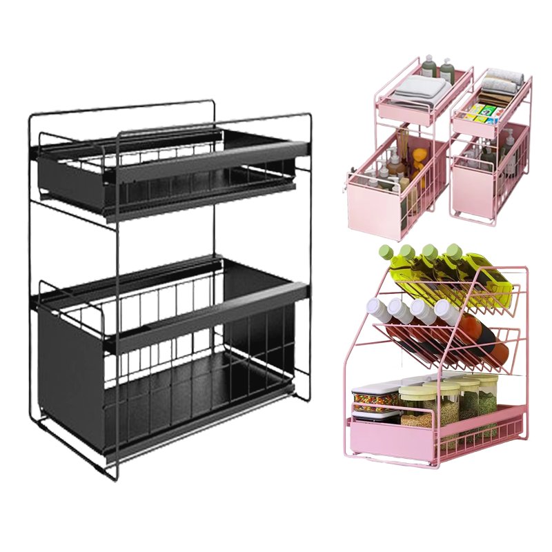 JYS kitchen Cabinet Basket Organizer Multi-purpose Under Sink Organizers Storage rack with 2 tiers sliding cabinet drawer