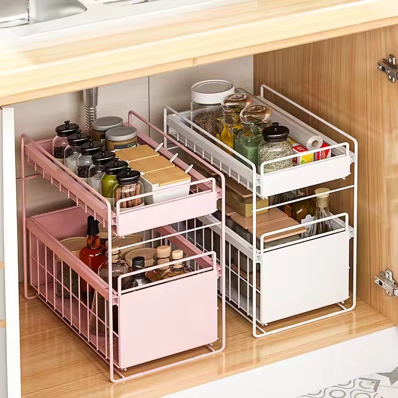 JYS kitchen Cabinet Basket Organizer Multi-purpose Under Sink Organizers Storage rack with 2 tiers sliding cabinet drawer