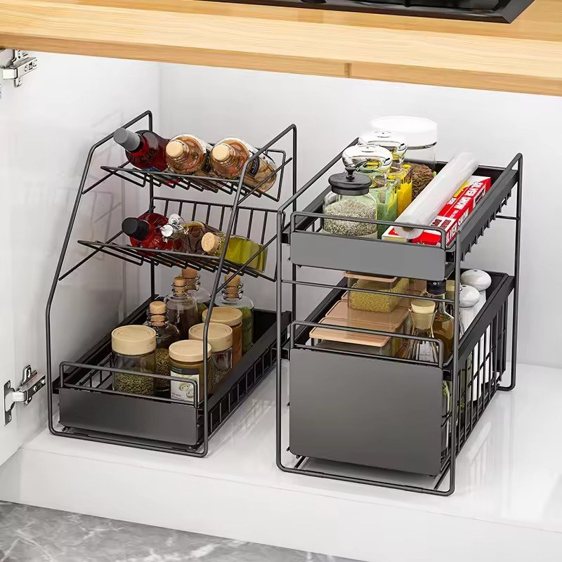 JYS kitchen Cabinet Basket Organizer Multi-purpose Under Sink Organizers Storage rack with 2 tiers sliding cabinet drawer