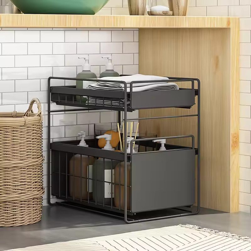 JYS kitchen Cabinet Basket Organizer Multi-purpose Under Sink Organizers Storage rack with 2 tiers sliding cabinet drawer