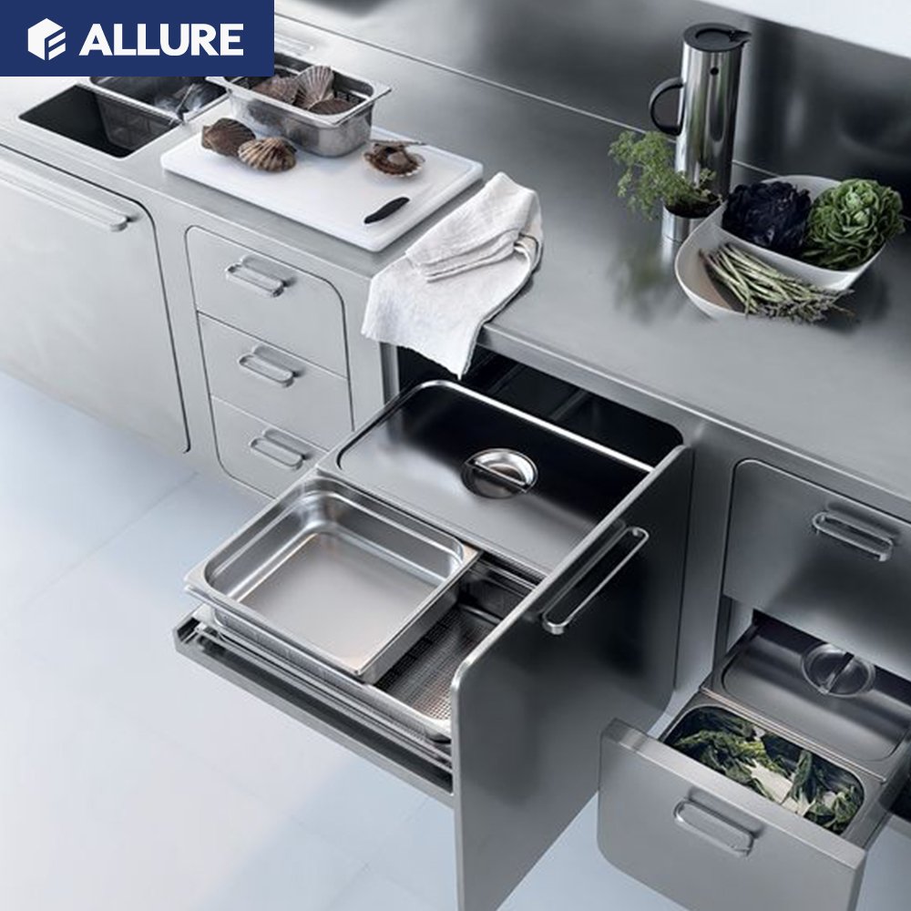 Allure Modern Luxury Interior Aluminum Storage Sink Custom Island Whole Stainless Steel Kitchens Cabinets Accessories Set
