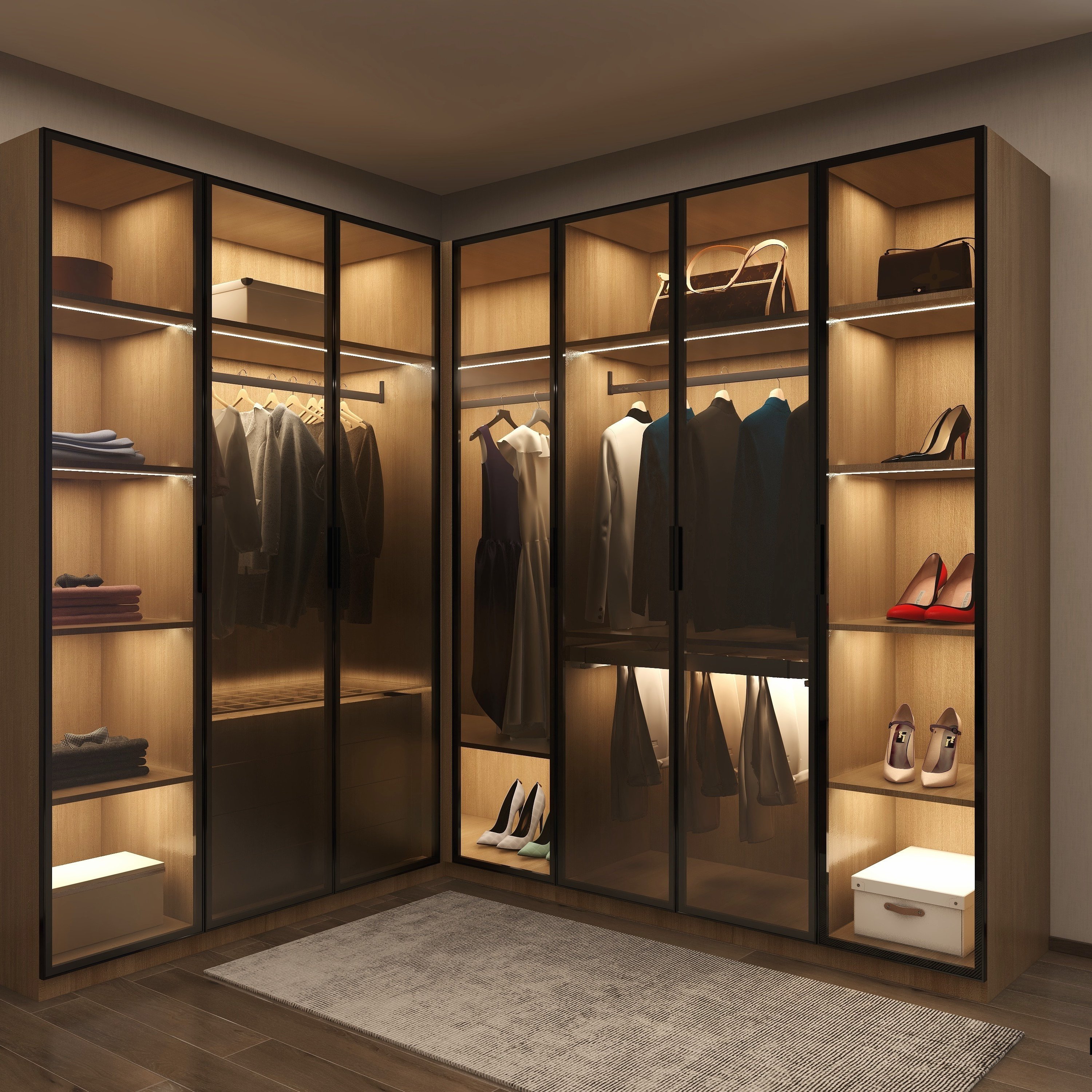 High Quality Glass door Plywood Bedroom Double Wardrobes Minimalist Design Elegant Closets with factory price