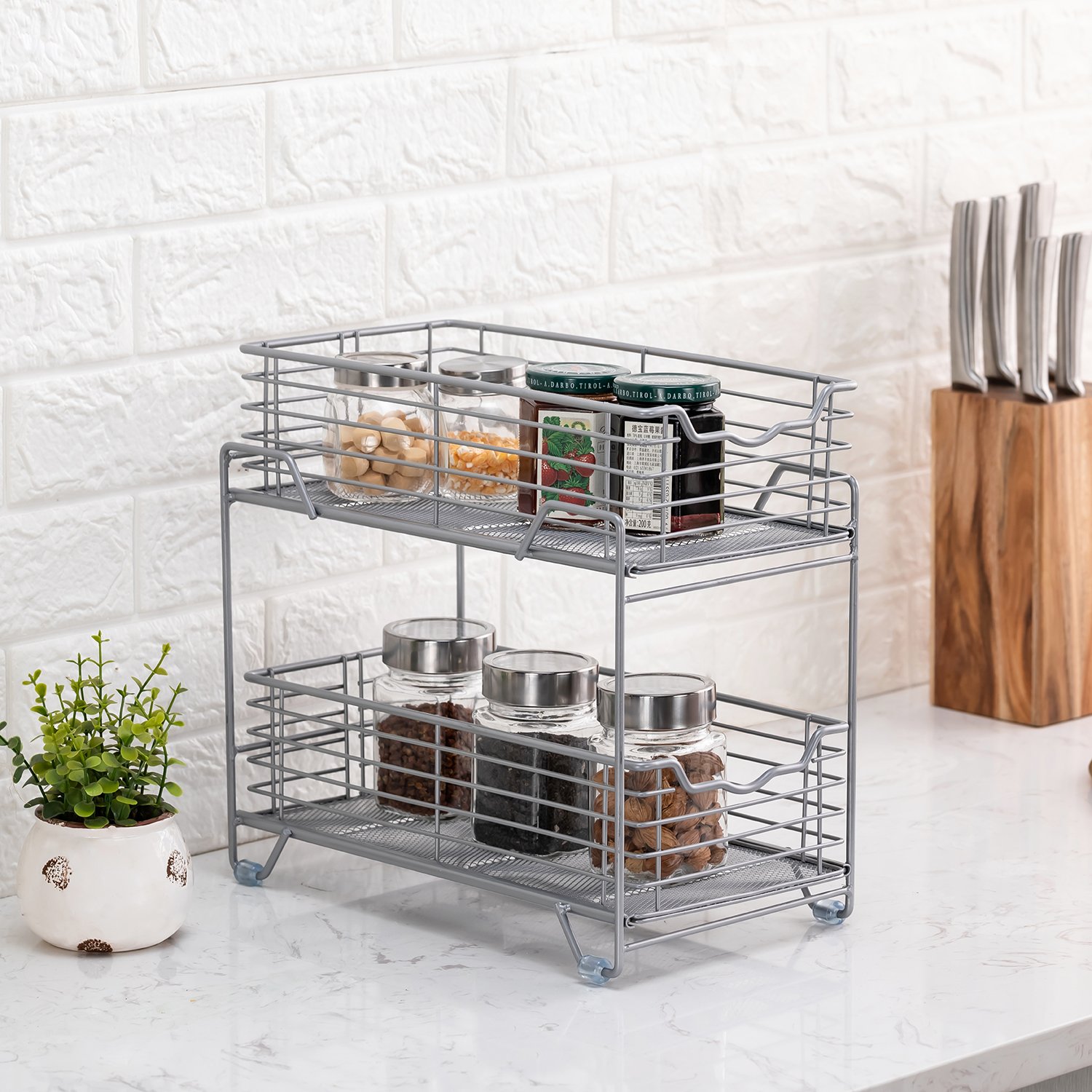 New Design 2-Tier Silver Metal Wire Mesh Sliding Basket Pull out Kitchen Cabinet Organizer Drawer Spice Rack