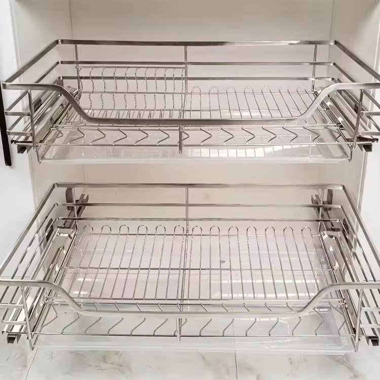 Kitchen Cabinet Accessories Soft Close Pull Out Drawer Wire Basket Drawer Dish Rack 2 TIER Storage Baskets