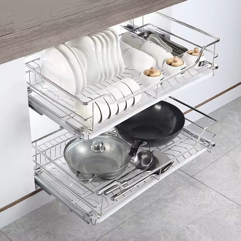 Kitchen Cabinet Accessories Soft Close Pull Out Drawer Wire Basket Drawer Dish Rack 2 TIER Storage Baskets