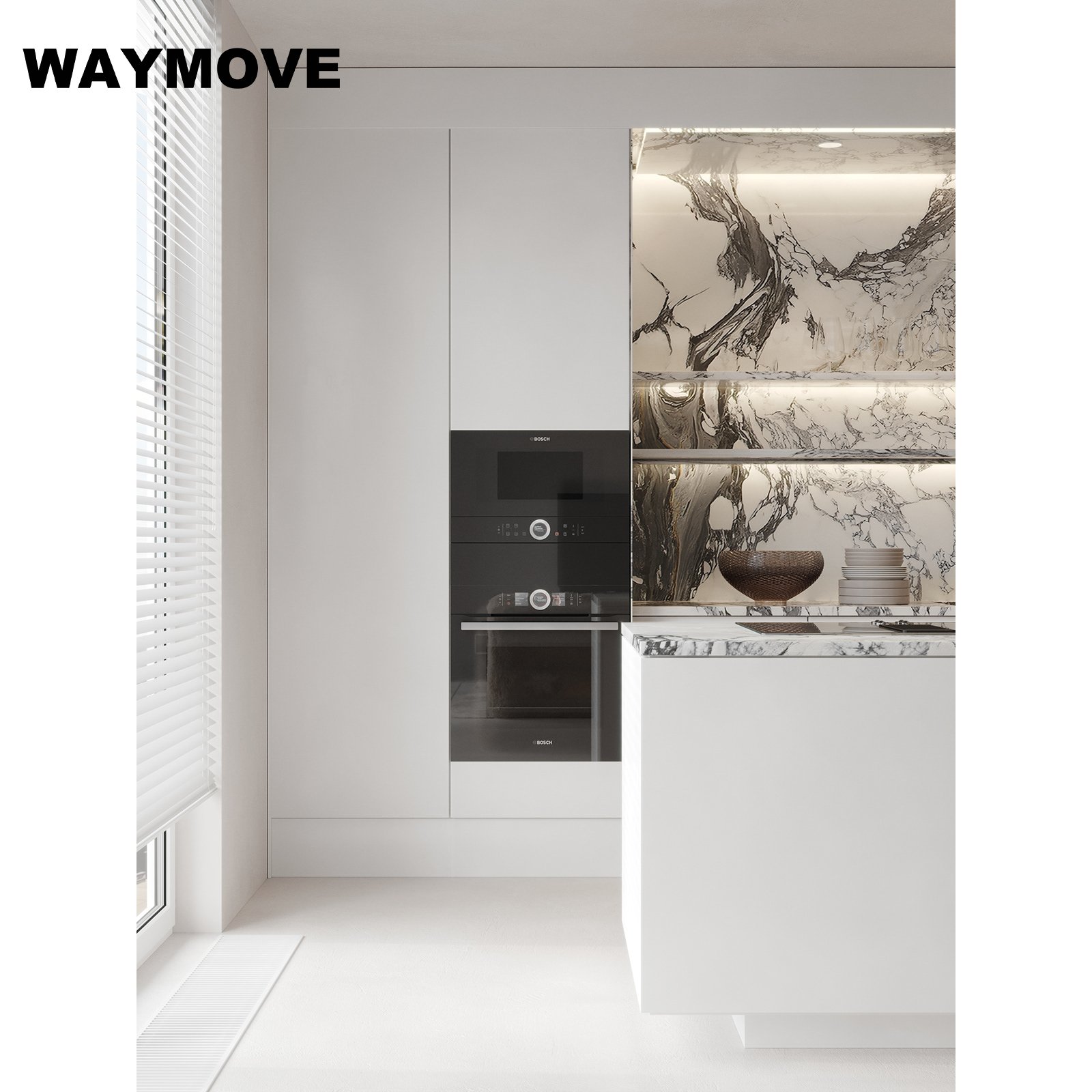 WAYMOVE Modern Kitchen Cabinet Set Design with Drawer Slide Faucet Drawer Basket Accessories Made from Melamine Board