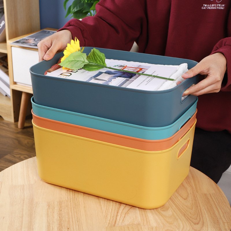 Plastic Storage Bins with Lid Stackable Baskets with Handle Desktop Storage Boxes Cubby Bins Containers for Cabinet Shelf