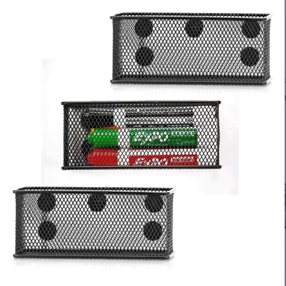 Set of 3 Strong Magnetic Desktop & Drawer Organizers Black Wire Mesh Basket with Pen Stationery Holder