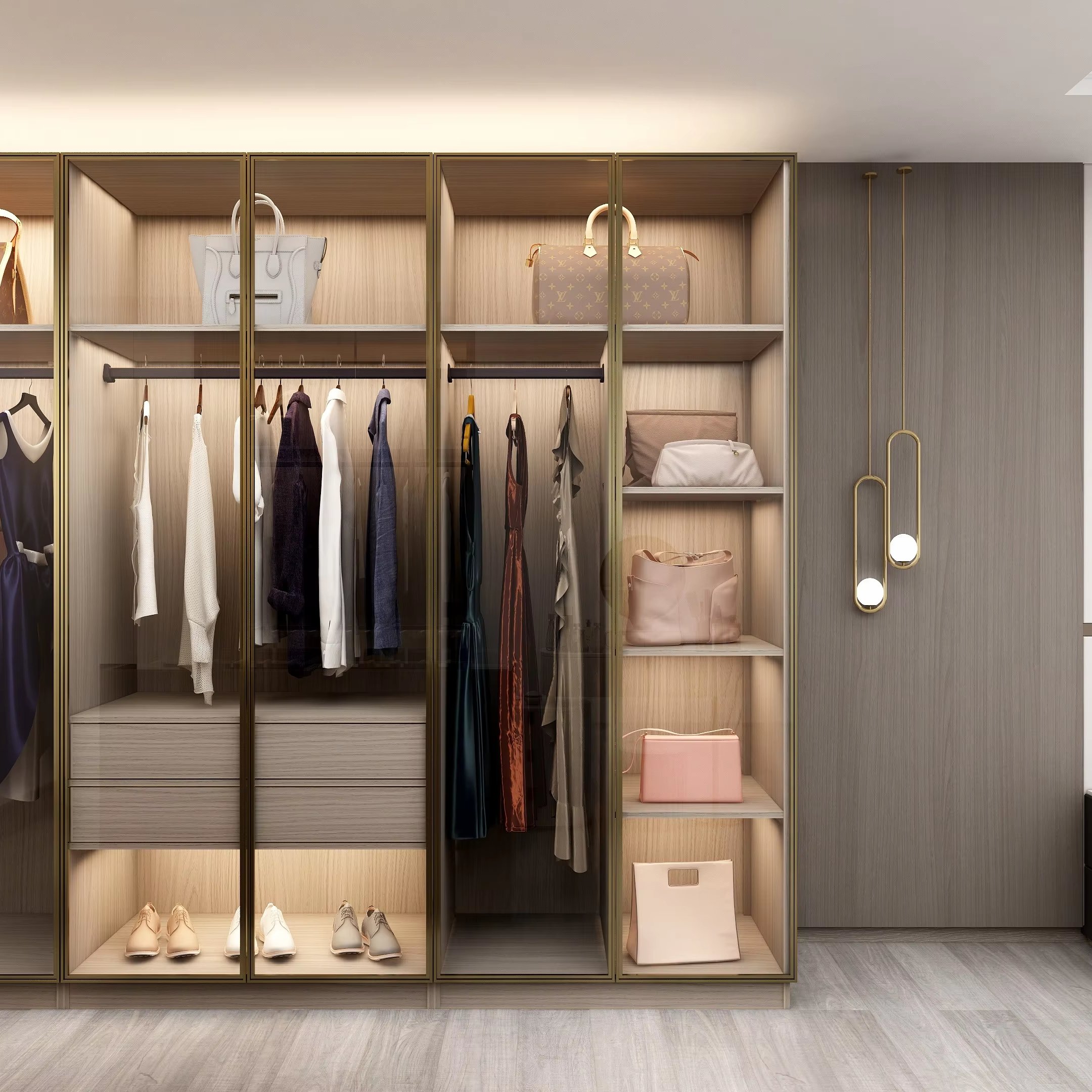 Luxury Furniture Clothes Storage Walk in Closet Wardrobe Black Wardrobes Cabinet Closet With Glass Door LED Lights