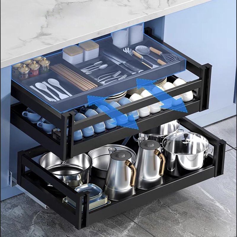 Drawer Type Bowl Dish And Basket Aluminum Pull Out Dish Drawer Basket Multifunctional Kitchen Dish Storage Drawer Basket