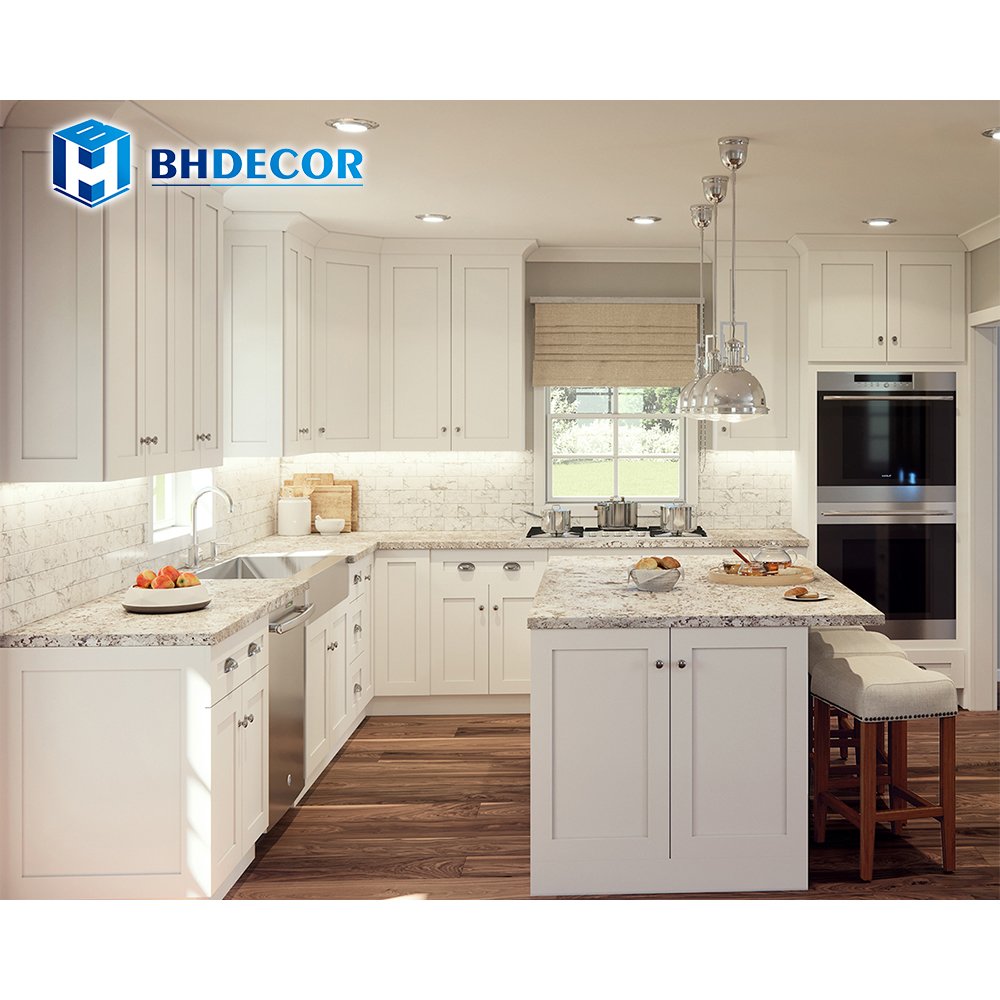 House Home Hotel Full Set Hidden L Shape Ceramic Hdpe Hardwood Melamine Shaker Kitchen Cabinets With Island Sink Countertop