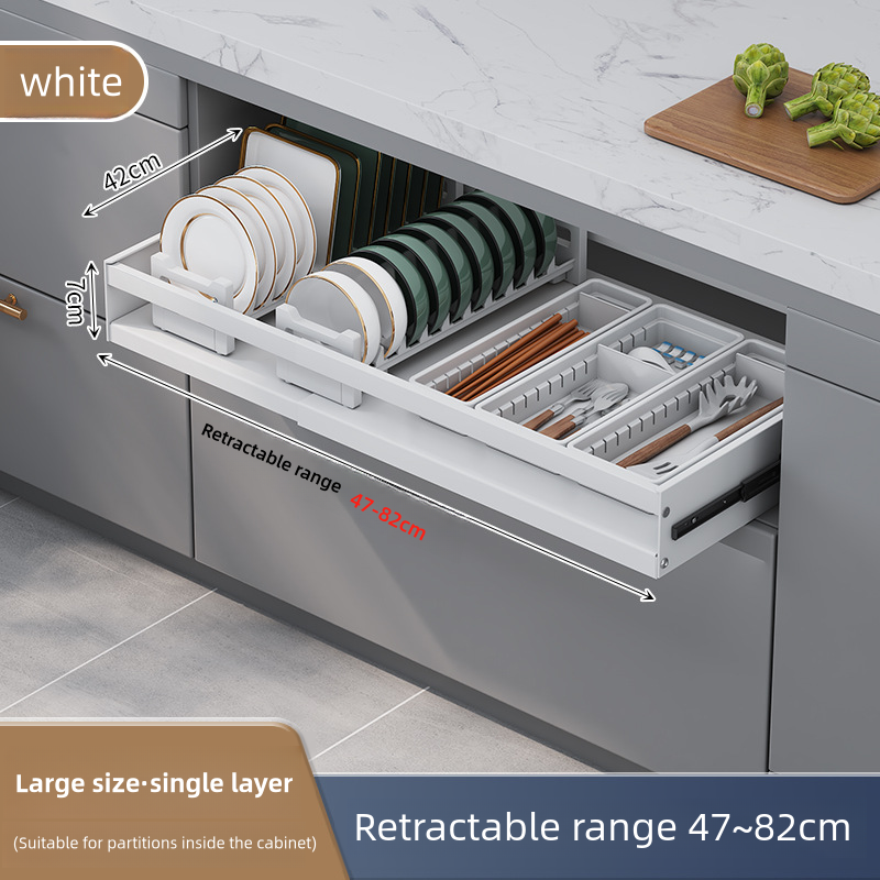 Carbon steel pull out drawers for cabinets 2 tiers kitchen dish rack plate bowl storage rack drawer type bowl dish and basket