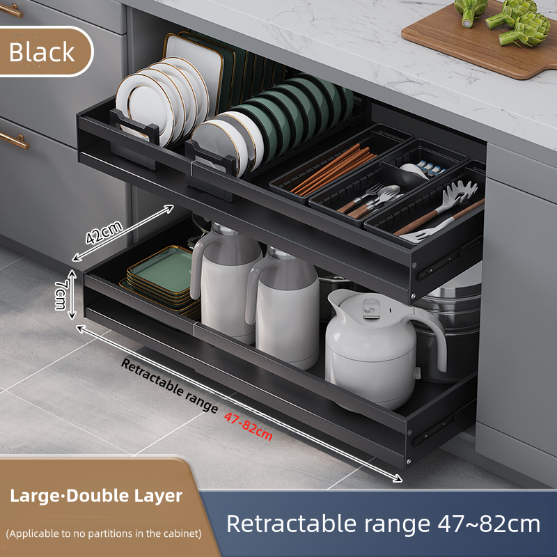 Carbon steel pull out drawers for cabinets 2 tiers kitchen dish rack plate bowl storage rack drawer type bowl dish and basket