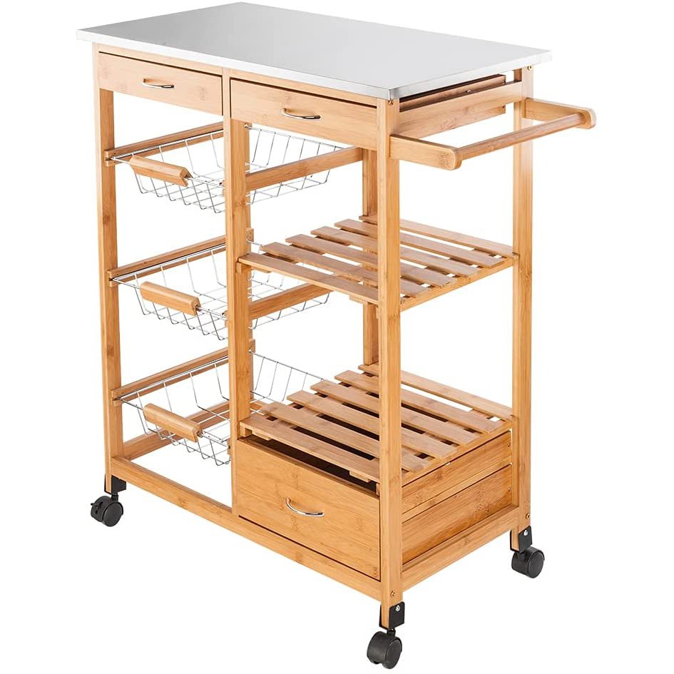 Bamboo Kitchen Trolley Cart with Shelves Drawer Basket