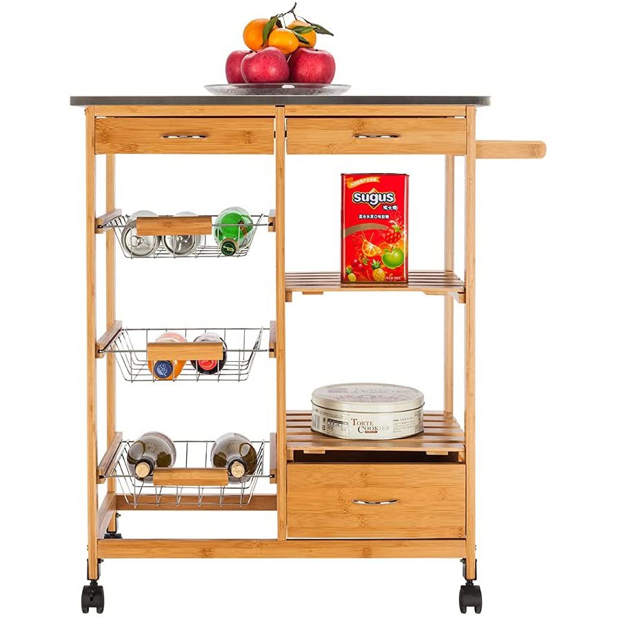 Bamboo Kitchen Trolley Cart with Shelves Drawer Basket