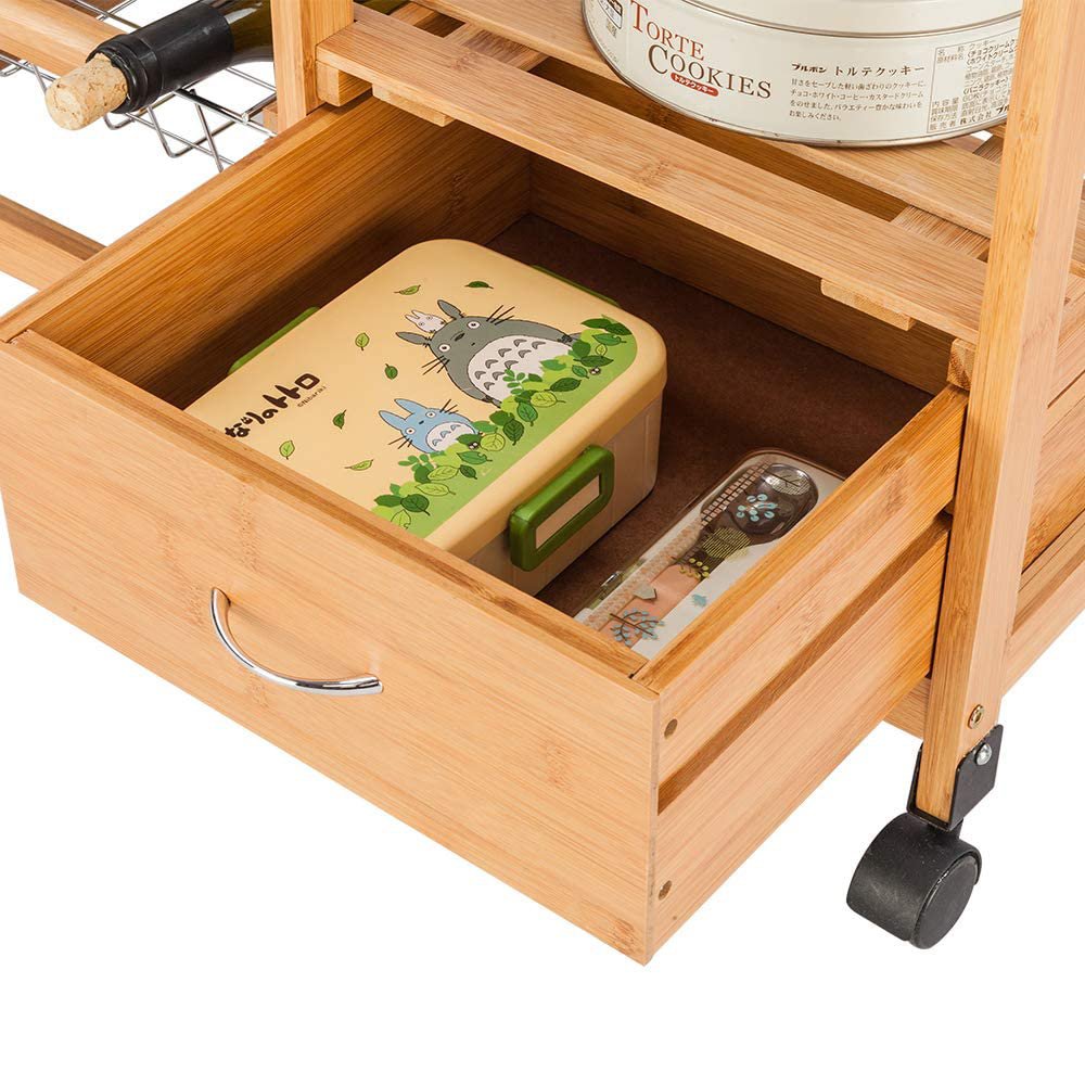 Bamboo Kitchen Trolley Cart with Shelves Drawer Basket