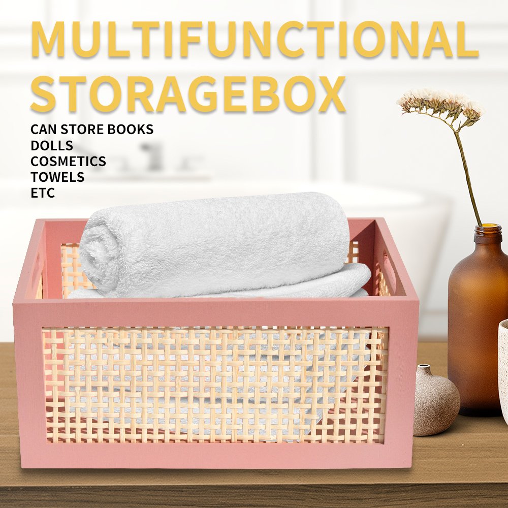 Wood Storage Crate Basket Rustic Container Organizing Decorative Bamboo Box with Handles Pantry Shelves Organizer