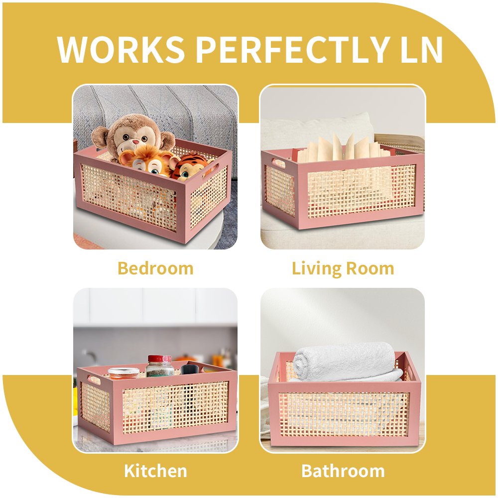 Wood Storage Crate Basket Rustic Container Organizing Decorative Bamboo Box with Handles Pantry Shelves Organizer