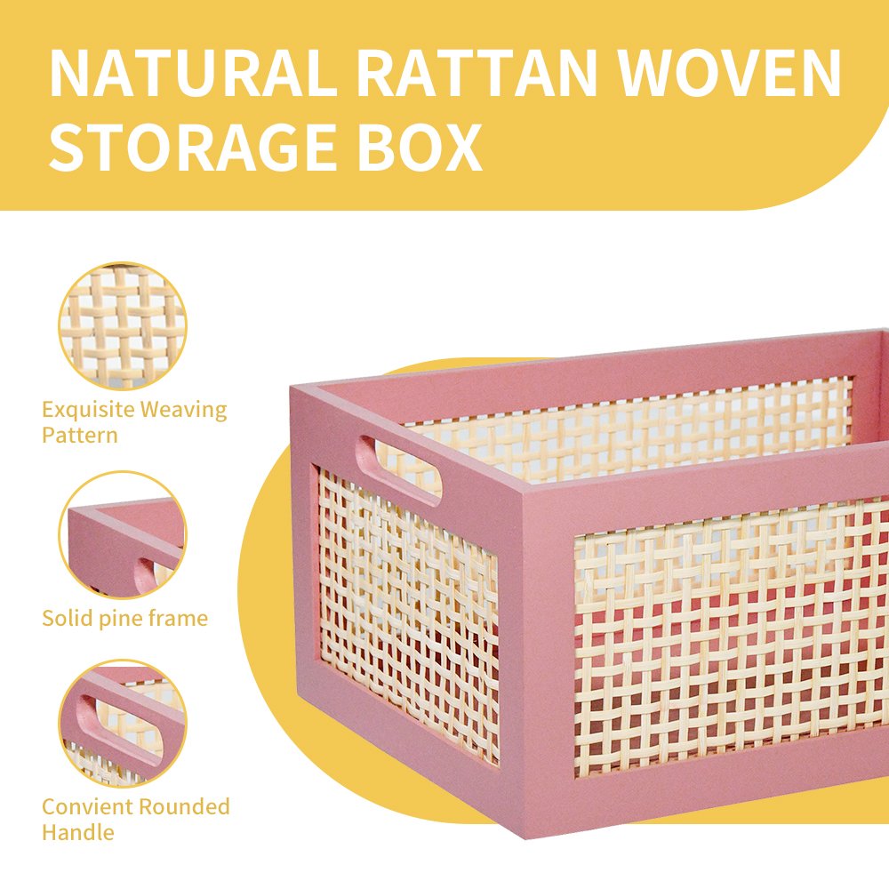 Wood Storage Crate Basket Rustic Container Organizing Decorative Bamboo Box with Handles Pantry Shelves Organizer