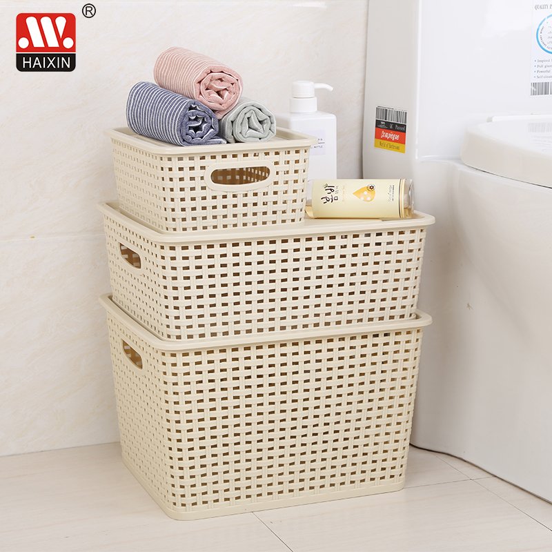 Haixing wholesale 5L 10L 17L plastic picnic gift basket kitchen organizer cloth toys container rattan storage basket with lid