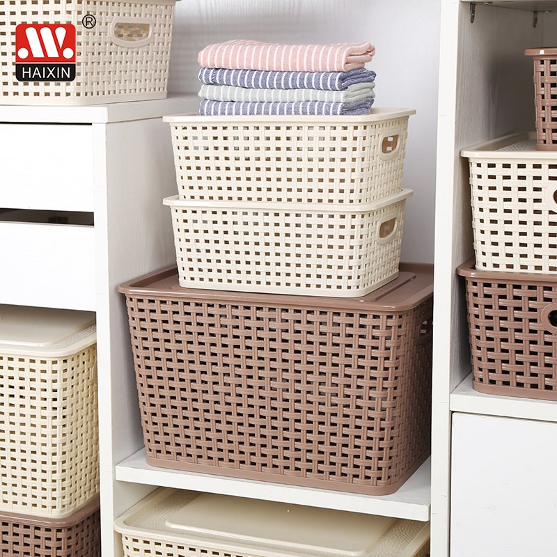Haixing wholesale 5L 10L 17L plastic picnic gift basket kitchen organizer cloth toys container rattan storage basket with lid