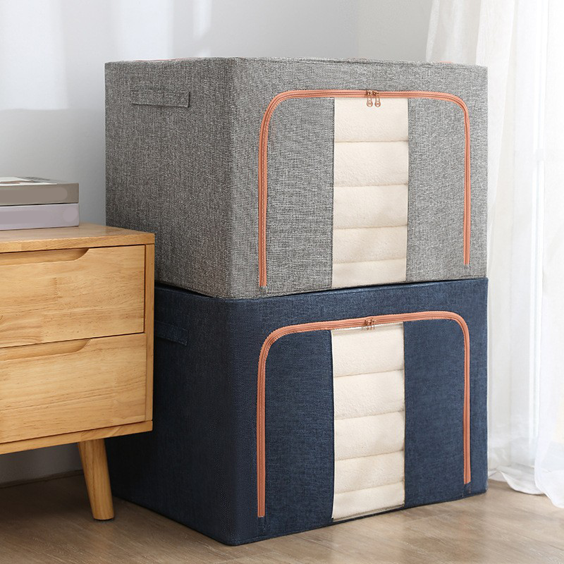 RU 25/66/100L wardrobe foldable cloth storage organizer bag large capacity waterproof linen steel frame clothes storage box