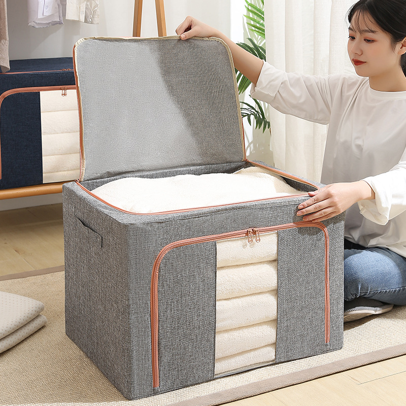 RU 25/66/100L wardrobe foldable cloth storage organizer bag large capacity waterproof linen steel frame clothes storage box