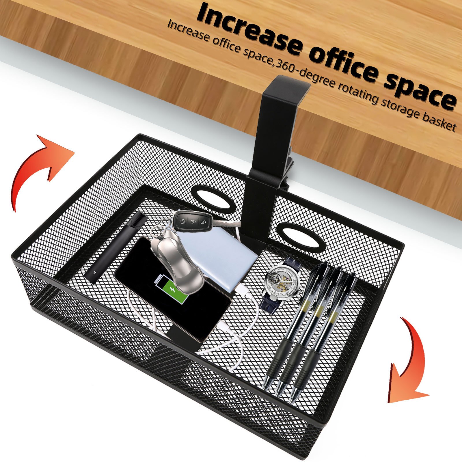 Office Home Table Desk Metal Mesh 360 Degree Swivel Tidy Under Desk Drawer Clamp-on Desk Organizer Hidden storage basket