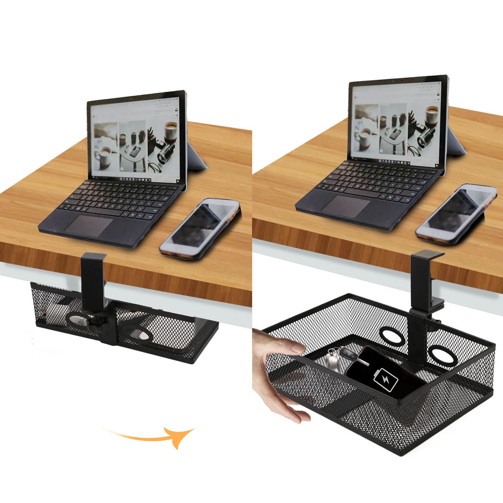 Office Home Table Desk Metal Mesh 360 Degree Swivel Tidy Under Desk Drawer Clamp-on Desk Organizer Hidden storage basket