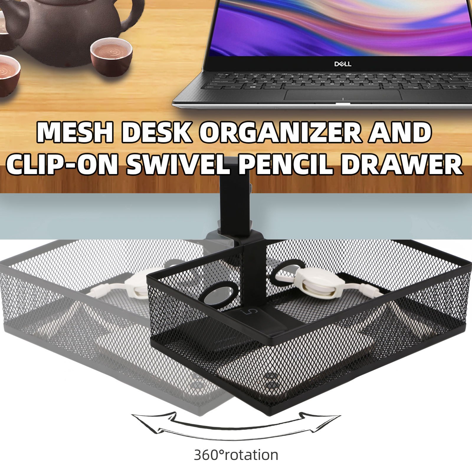 Office Home Table Desk Metal Mesh 360 Degree Swivel Tidy Under Desk Drawer Clamp-on Desk Organizer Hidden storage basket