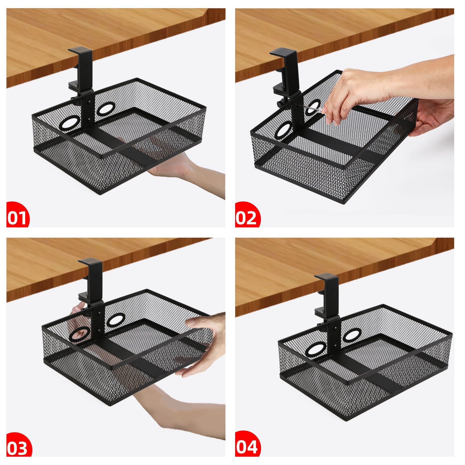 Office Home Table Desk Metal Mesh 360 Degree Swivel Tidy Under Desk Drawer Clamp-on Desk Organizer Hidden storage basket