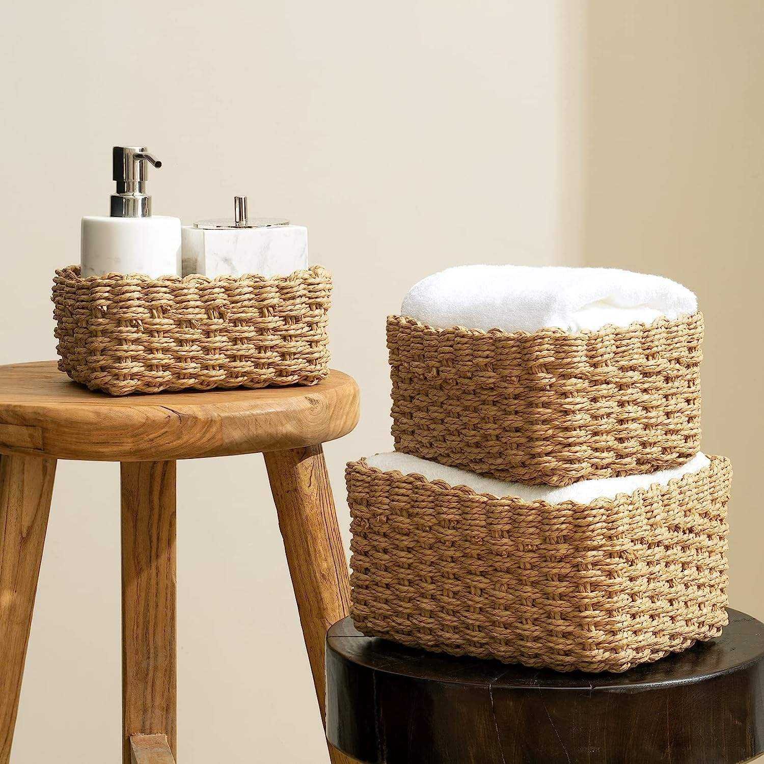 Woven Wicker Storage Baskets Paper Rope Storage Boxes Bin Organizer Divider For Cupboards Drawer Closet Dresser